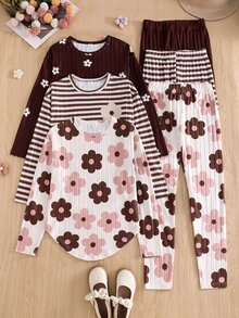 SHEIN Girls' 3-Color Bowknot Floral Colorful Ribbed Large Flower Print Ribbed Fuzzy Set, Comfortable Versatile Fashion, Suitable For Outings, Walks And Other Occasions, Suitable For All Seasons - Multicolor - View 3
