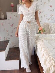 CottageSlumber Cherry Print Lace Short Sleeve Long Pants Pajama Set - Apricot - View 7