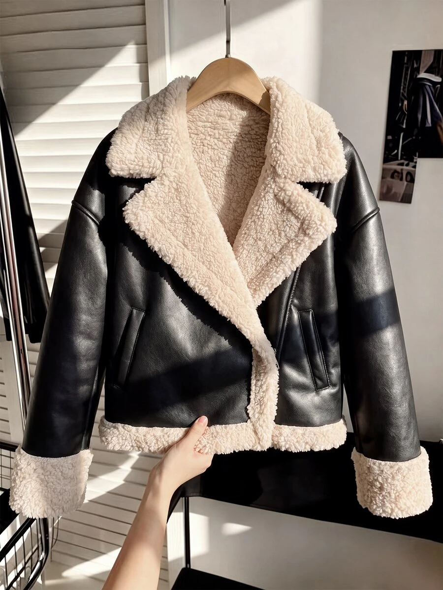 SHEIN 兒童青少年女孩秋冬款 PU 人造毛一體長毛保暖外套,加厚保暖內裡時尚街頭風寬鬆版外套,黑色 - 黑色 - 查看 1