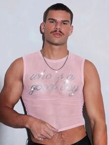 FeverCity Men's Fashion Sexy Rhinestone Decorated Mesh Cropped Tank Top - Pink - View 3