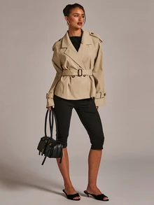 SHEIN BAE Women's Autumn/Winter Fashion Versatile Solid Color Commuter Lapel Open Front Same Fabric Color Belt Waist Cinched Short Trench Coat Jacket - Khaki - View 1