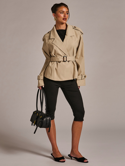 SHEIN BAE Women's Autumn/Winter Fashion Versatile Solid Color Commuter Lapel Open Front Same Fabric Color Belt Waist Cinched Short Trench Coat Jacket