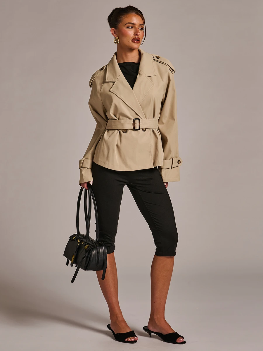 SHEIN BAE Women's Autumn/Winter Fashion Versatile Solid Color Commuter Lapel Open Front Same Fabric Color Belt Waist Cinched Short Trench Coat Jacket - Khaki - View 1