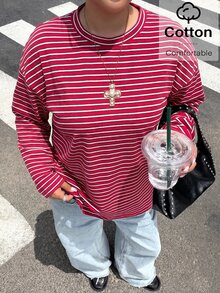 Muchica 大尺碼圓領紅白條紋拼接休閒學院風百搭日常穿搭T恤返校季秋季 - 紅白色 - 查看 7