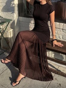 Firerie Women's Elegant Spring/Summer Minimalist Fashion Commute Street Versatile Vacation Casual Round Neck Cap Sleeve Fitted Mesh Sheer Hem Black Sweater Dress - Brown - View 6