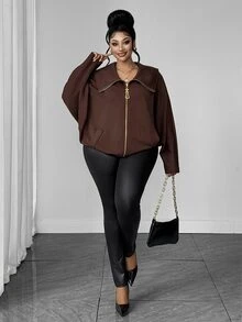 Maweii Jaket Wanita Ukuran Besar Model Batwing Lengan Panjang Warna Polos dengan Resleting - Coffee Brown - View 3