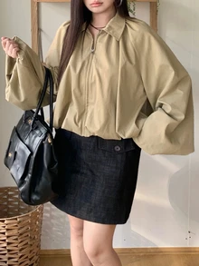 Dazy Plus Solid Color Loose Fit Lapel Lantern Sleeve Casual Elegant Vacation Fall Doll Blouse Jacket Office Going Out Beige - Khaki - View 4