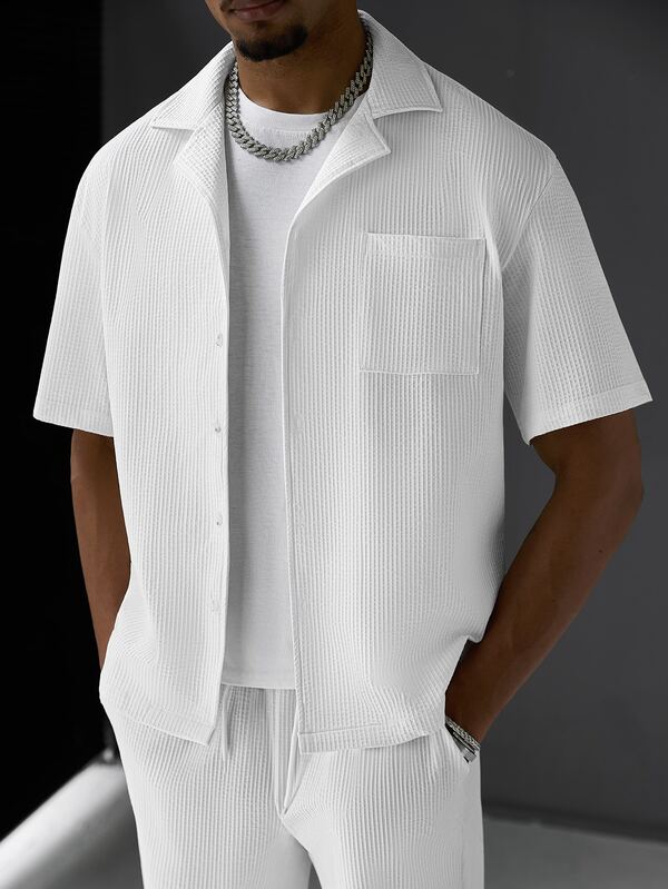 SLATEMANN Men's Bubble Textured Solid Color Loose Drop Shoulder Cuban Collar Casual Vacation Light Business Daily Commute Short Sleeve Shirt And Straight Leg Elastic Drawstring Pants 2-Piece Set