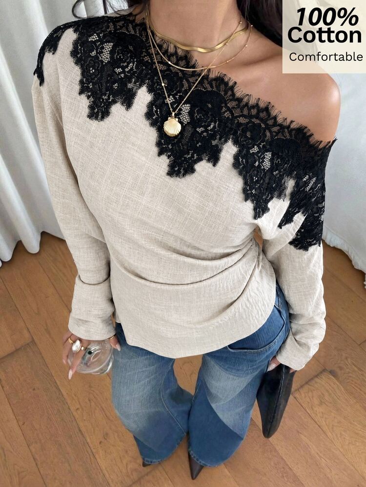 Siren Gaze Women's Lace Patchwork Asymmetrical Shoulder Casual French Elegant Daily Top Brunch Tea Party Black Floral Autumn - Apricot - View 8