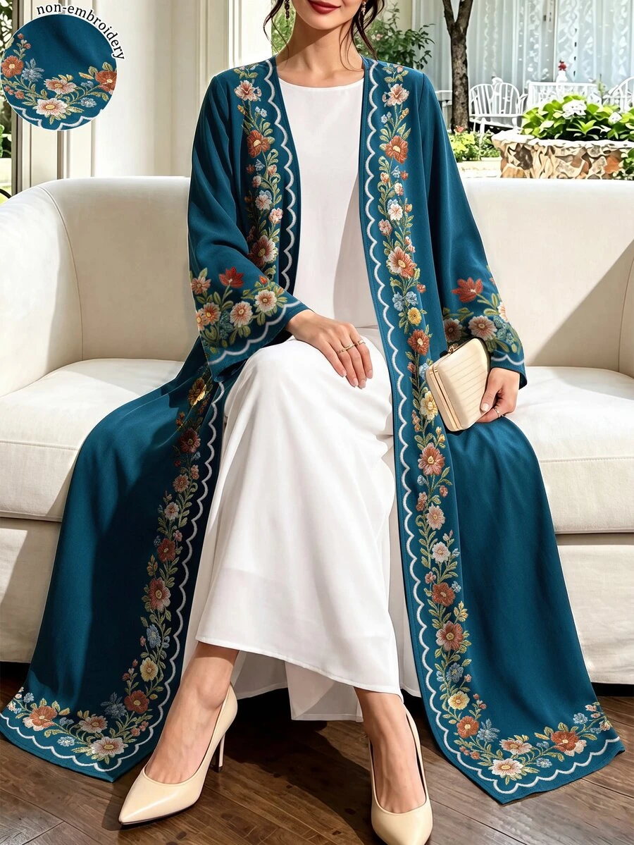 SHEIN Najma 彩色花卉枝條與幾何波浪蕾絲圖案 藍綠色女款優雅阿拉伯式長袍,春秋時尚長袖開襟長版開襟外套,阿拉伯風服飾 - 彩色 - 查看 1