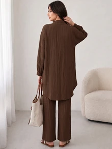 Solavon Women's Solid Color Shirt And Pants Arabic Costume Set - Coffee Brown - View 2