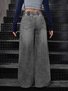 SHEIN Tween Girl Casual Washed Wide Leg Jeans - Light Grey - View 2