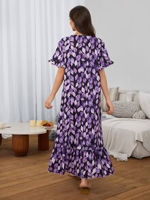 Serenescape Bubble Crinkle Ruffle Trim Leaf Print Long Nightgown Lounge Sleep Dark Purple Summer Casual Cute - Black - View 2