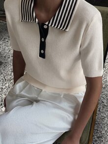 Mulvari Women's Premium Colorblock Short Sleeve Sweater Vest, Autumn/Winter White  Casual Blouses  Fall Winter  Work Tops - White - View 6