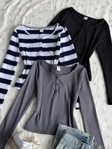 青少年女孩早秋 T-shirt，秋冬萬聖節聖誕派對休閒基礎款鈕扣門襟炭灰色黑色條紋 3 件套 - 彩色 - 查看 3