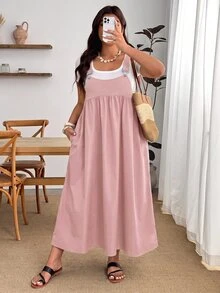 Enliva Plus Size Loose Black Strap Dress - Pink - View 5