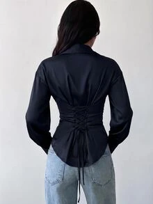 Firerie 女款長袖襯衫，後腰收腰襯衫，日常通勤襯衫，度假襯衫，收腰襯衫，春夏秋冬通勤服飾，優雅，度假，波希米亞風，工作服 - 藏蓝色 - 查看 9