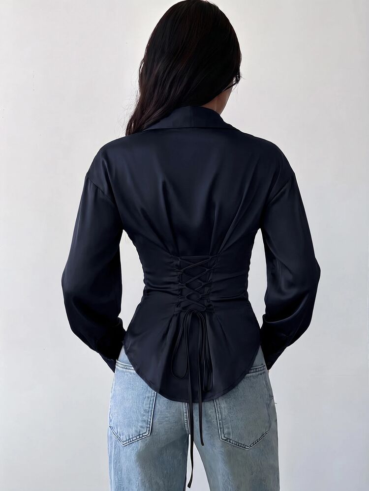 Firerie Women's Long Sleeve Blouse, Back Cinched Waist Blouse, Daily Commute Blouse, Vacation Blouse, Waist-Cinching Blouse, Spring Summer Autumn Winter Clothing Commute, Elegant, Vacation, Bohemian, Workwear - Navy Blue - View 8