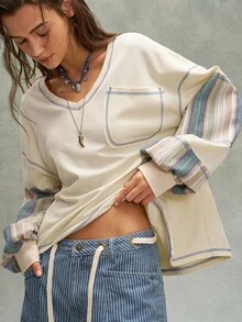 Bohemela Casual Loose Plaid Patchwork Women's Sweatshirt - Multicolor - View 1