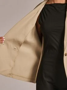 SHEIN BAE Women's Autumn/Winter Fashion Versatile Solid Color Commuter Lapel Open Front Same Fabric Color Belt Waist Cinched Short Trench Coat Jacket - Khaki - View 8