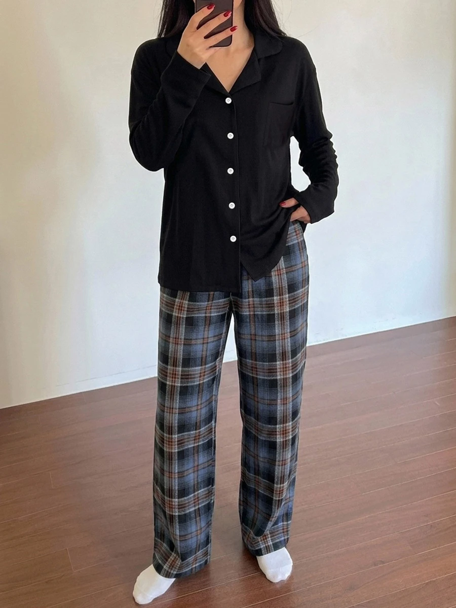 DAZY 春季寬鬆休閒舒適女款居家服套裝 2 件組 - 黑色 - 查看 1
