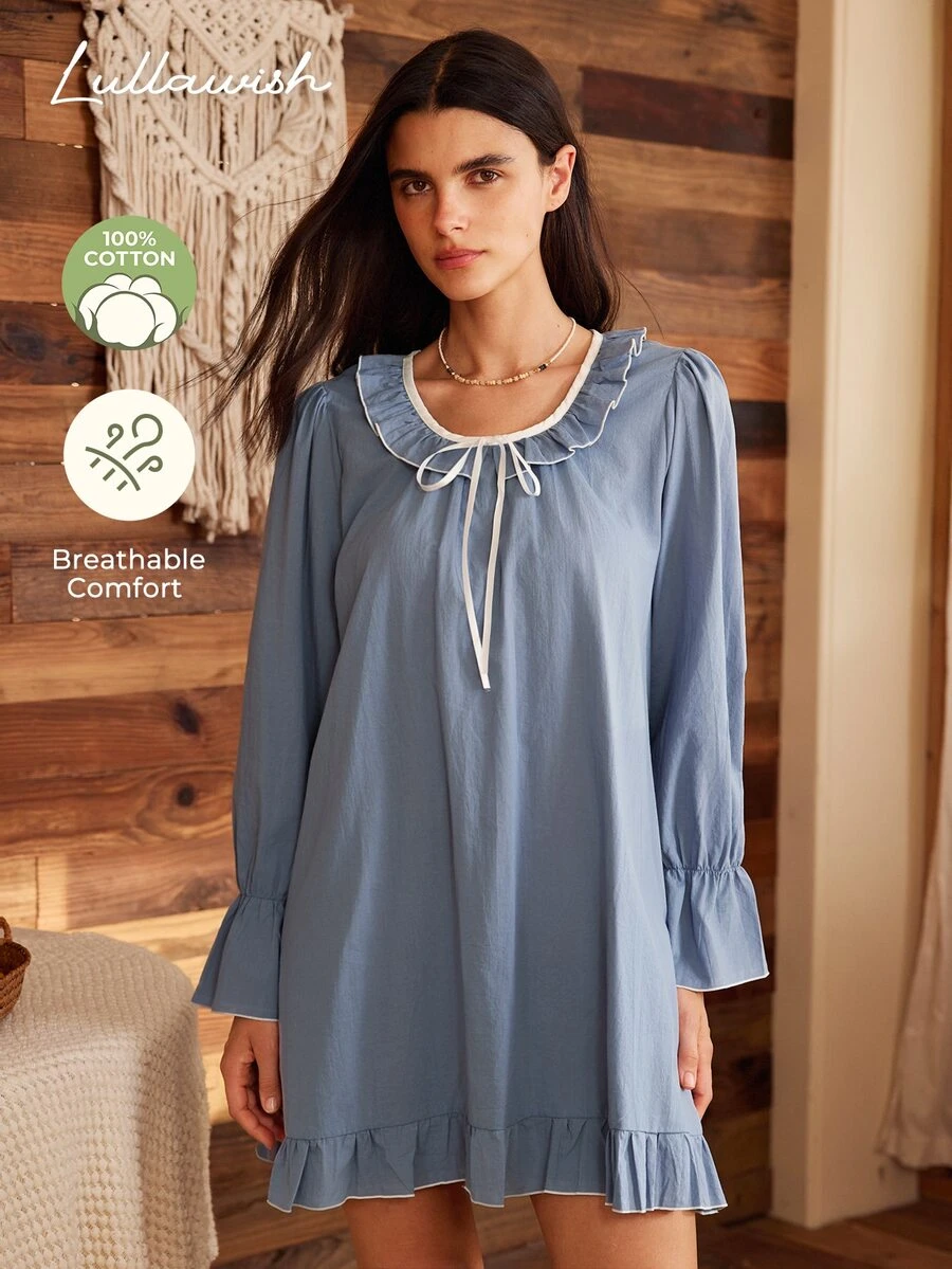 Lullawish Vestido de Loungewear Feminino Boêmio com Babados, Patchwork, Confortável, Mistura de Algodão, Caimento Solto - Azul Empoeirado - Visão 1
