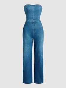 SHEIN LUNE Women's Blue Strapless Jumpsuit Two-Piece Set – Perfect For Street Style, Vacation, Festivals, And Sexy Club Nights; Suitable For All Seasons. - Blue - View 4