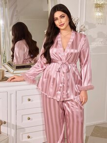 MuseNap CURVE Pink Satin Vertical Striped Mesh Trim Tie Front Plus Size Pajama Set - Pink - View 7