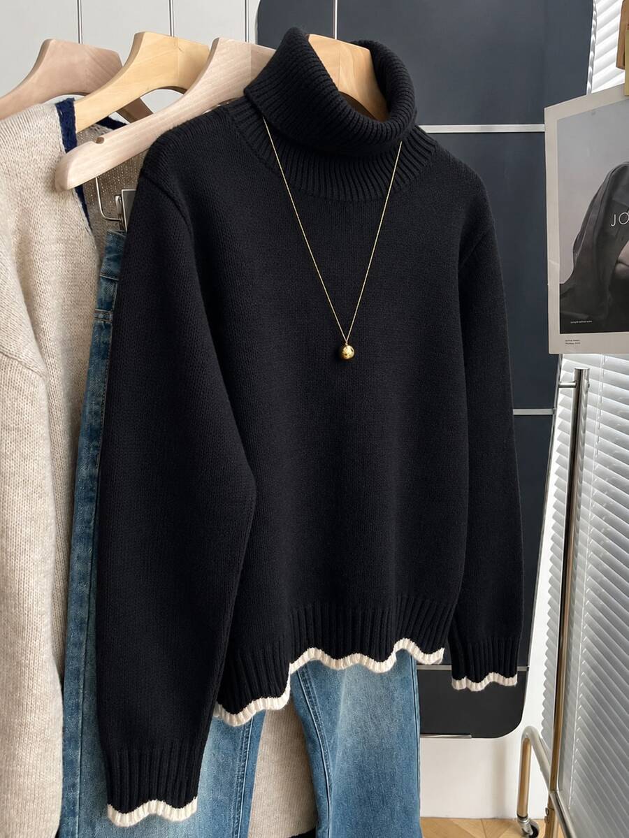 SHEIN Teen Girl Sweaters Fall/Winter French Vintage Loose High Neck Long Sleeve Knit Colorblock Trim Pullover Sweater - Black - View 1