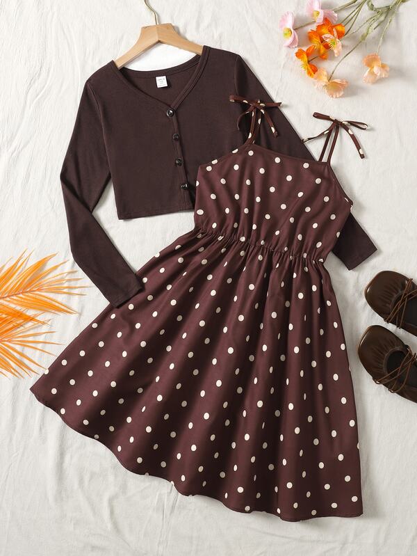 Ensemble 2 pièces de robe pour bébé fille, enfants et préadolescentes, robe à bretelles spaghetti à pois blocs de couleurs avec cardigan châle en tricot côtelé marron à manches longues, tenue de vacances décontractée vintage, convient pour le printemps et l'automne
