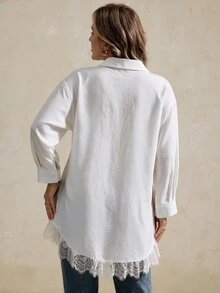 Easura 大尺碼女款秋冬長版襯衫，蕾絲拼接與荷葉邊下擺，休閒通勤優雅女式襯衫 - 白色 - 查看 2