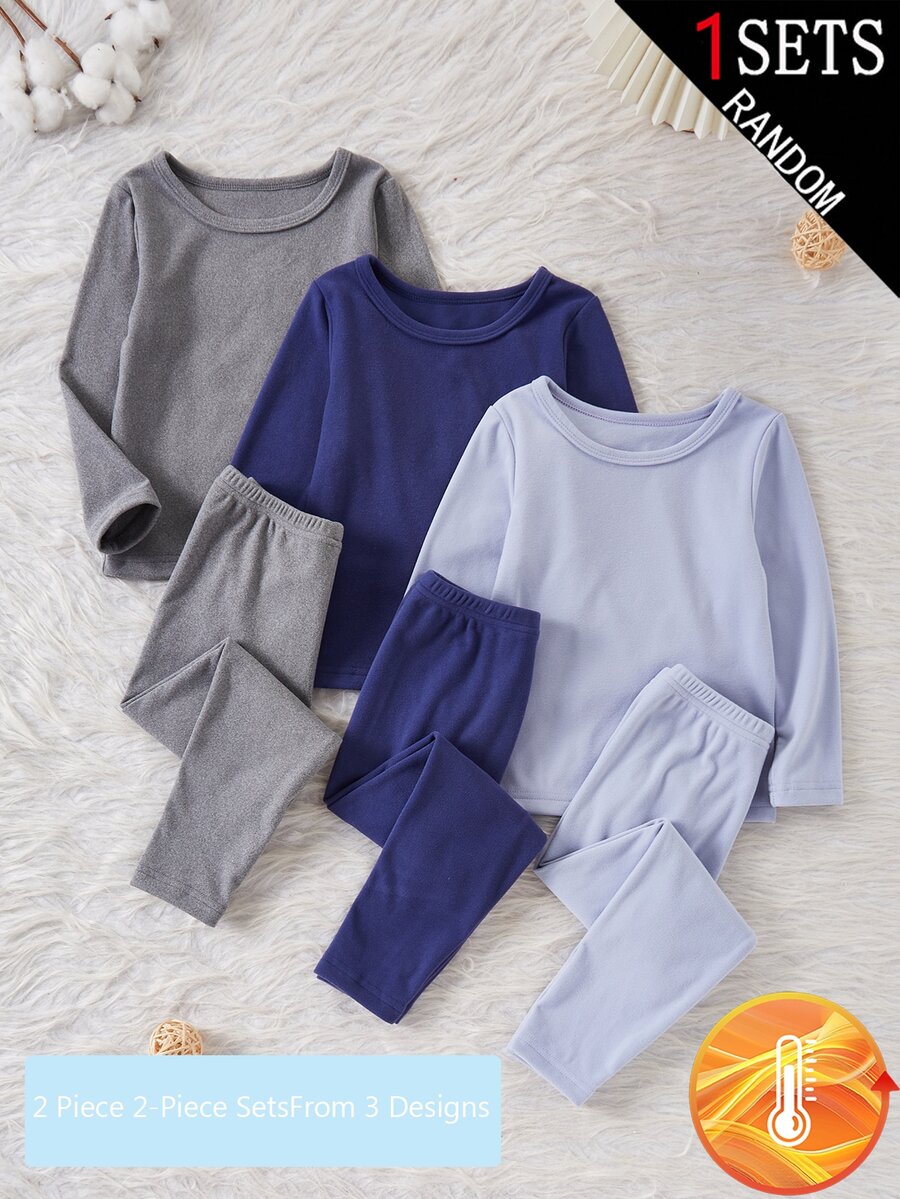SHEIN (Randomly Ships 1 Of 3)Young Boy Solid Color Round Neck Long Sleeve Top & Pants Thermal Set, Soft Fleece-Lined And Thickened Autumn/Winter - Multicolor - View 1
