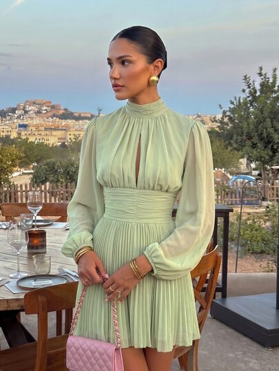 Firerie Elegant Light Green Long Sleeve Dress GuestsHigh Neck Chiffon Bridesmaid Dress With Puff Sleeves And Pleated Detailschic Dresses For Womenparty Outfit