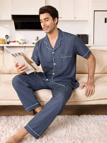 CoupledUp Classic Striped Print Open Front Lapel Short Sleeve Long Pants Men's Pajama Set - Navy Blue - View 5
