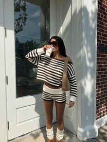 Autumina Setelan Rajut 2 Potong Gaya Kasual Amerika dengan Motif Garis-Garis Blok Warna dan Bahu Terbuka - MultiWarna - View 4