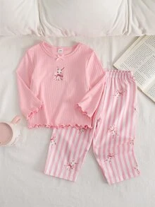 Baby Girl Pink Ribbed Top & Ribbed Bunny Print Pants Set, Loungewear - Pink - View 1