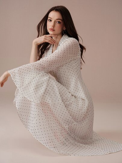 BELROSIE Dress A-Line Chiffon Lapel Button Flare Sleeve High Waist Swing Elegant French White Polka Dot Polka Dot Dress Elegant Long Dress Vintage Dress Holida