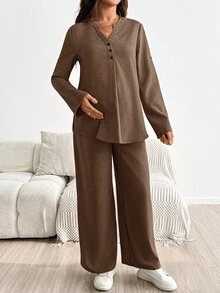 SHEIN 孕婦度假休閒襯衫與長褲兩件套 - 咖啡棕 - 查看 6