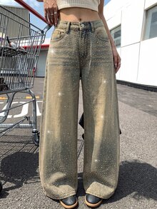 SHEIN MOD Celana Jeans Denim Wanita Longgar Kasual dengan Potongan Lebar, Dilengkapi Saku dan Hiasan Berlian Imitasi - Dark Wash - View 1