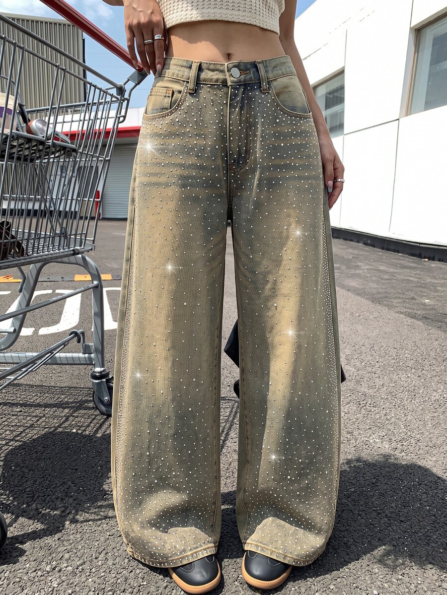 SHEIN MOD Celana Jeans Denim Wanita Longgar Kasual dengan Potongan Lebar, Dilengkapi Saku dan Hiasan Berlian Imitasi - Dark Wash - View 1