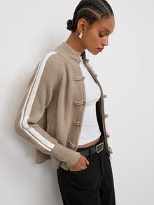 Maija Beige New Chinese Style Frog Button Striped Sporty Knit Cardigan Urban Autumn - Khaki - View 1