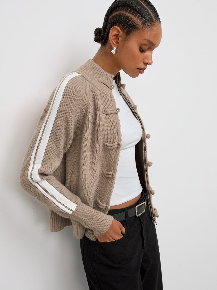 Maija Beige New Chinese Style Frog Button Striped Sporty Knit Cardigan Urban Autumn - Khaki - View 1