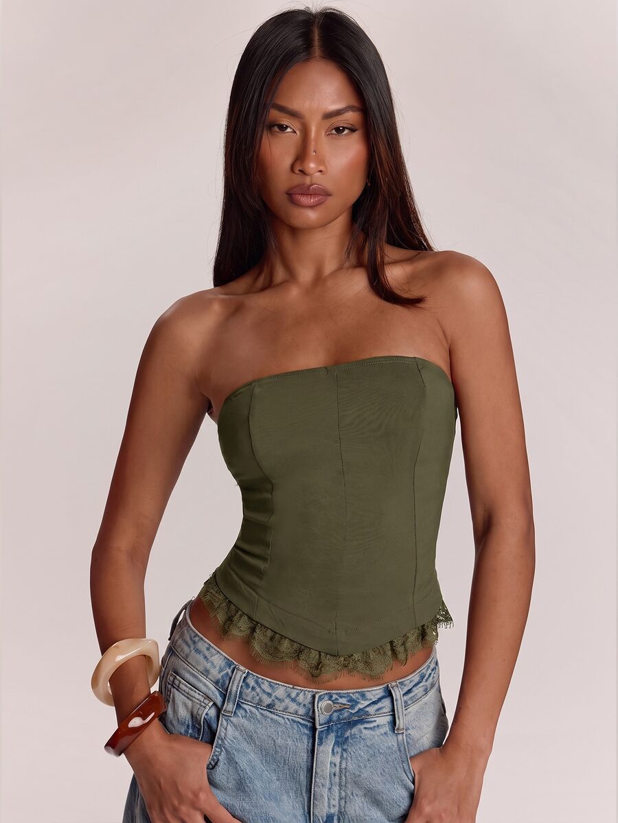 SHEIN BAE Women's Summer Elegant Lace Trim Bandeau Top - Army Green - View 1