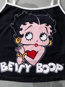 Betty Boop x SHEIN 女款細肩帶背心與短褲睡衣套裝 - 黑與白 - 查看 4