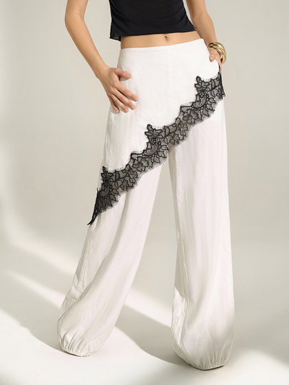 SHEIN Tall Women's Contrast Lace Loose Wide Leg Pants