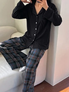 DAZY 春季寬鬆休閒舒適女款居家服套裝 2 件組 - 黑色 - 查看 6