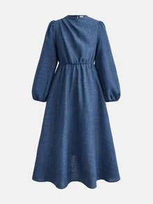 SHEIN 青少年女孩時尚通勤藍色長袖休閒洋裝，立領燈籠袖A字下擺洋裝，丹寧效果梭織洋裝，適合秋季時尚穿搭、返校穿搭、冬季衣著、正式場合、畢業派對 - 藍色 - 查看 5