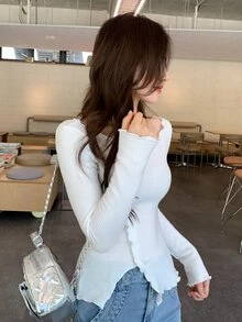 DAZY Kaos Lengan Panjang Gaya Korea dengan Trim Ruffle Asimetris untuk Wanita, Musim Semi/Panas/Gugur - Putih - View 4