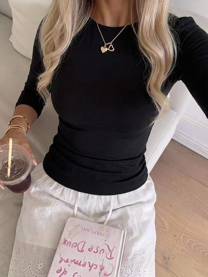 CovetEZ Women's Round Neck Mid-Sleeve Minimalist Versatile Slim Fit Cropped Side Slit T-Shirt, Suitable For Autumn, Y2k