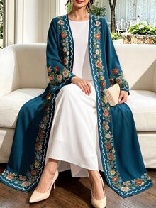 SHEIN Najma 彩色花卉枝條與幾何波浪蕾絲圖案 藍綠色女款優雅阿拉伯式長袍，春秋時尚長袖開襟長版開襟外套，阿拉伯風服飾 - 彩色 - 查看 3